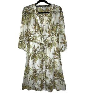 41 Hawthorne Semi-Sheer Dress Large‎ White Green Leaf Print Slip Liner Tropical